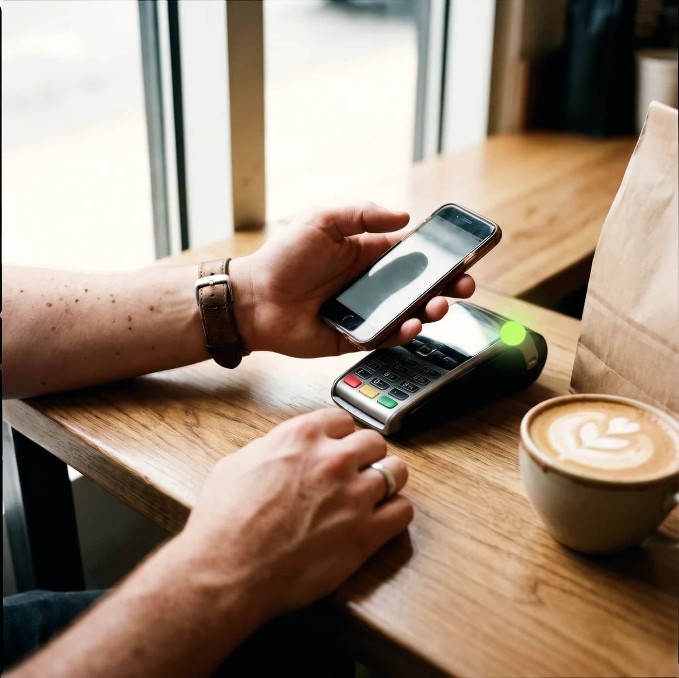 Pagamento com celular no balcão de uma cafeteria
