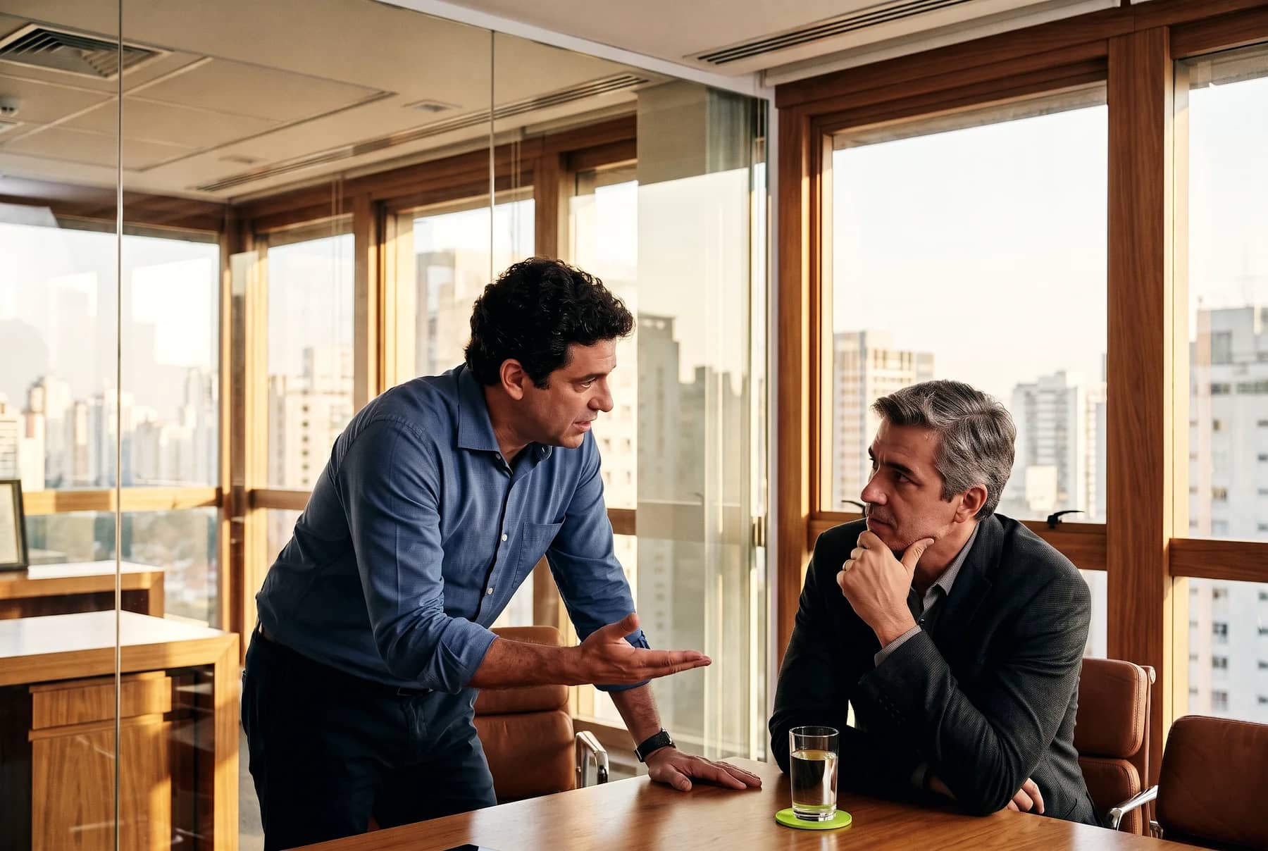 Executivos conversando em reunião num escritório contemporâneo