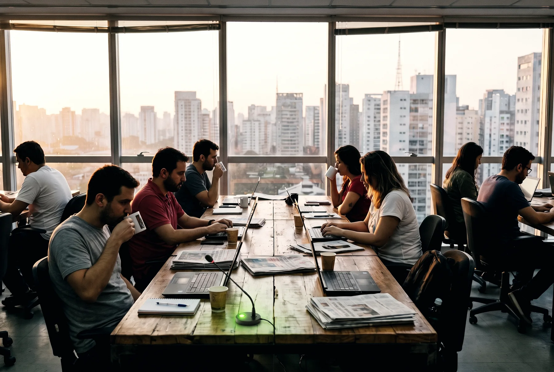Redação jornalística com vista para a cidade pela manhã