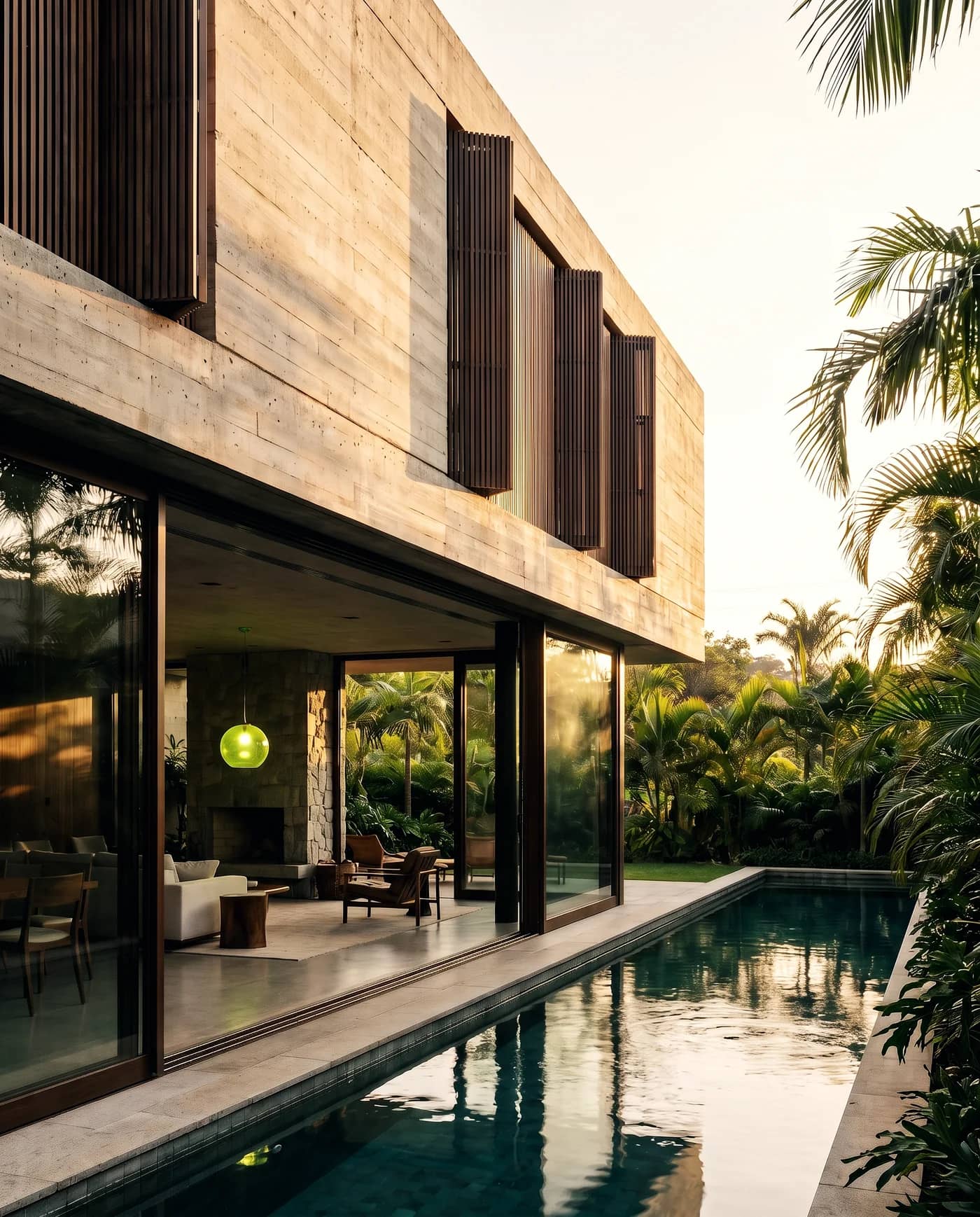 Casa contemporânea de concreto e madeira com jardim tropical