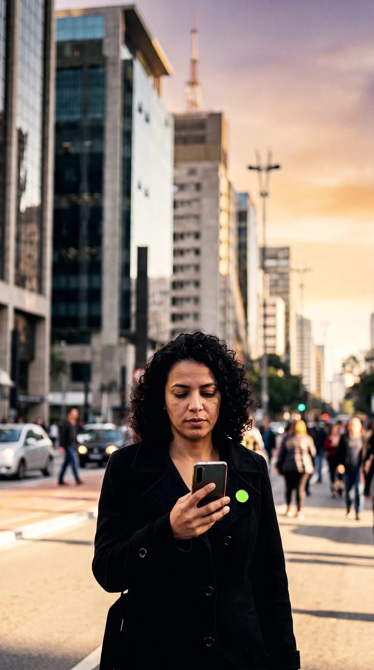 Mulher em ambiente urbano contemporâneo consultando o celular ao entardecer